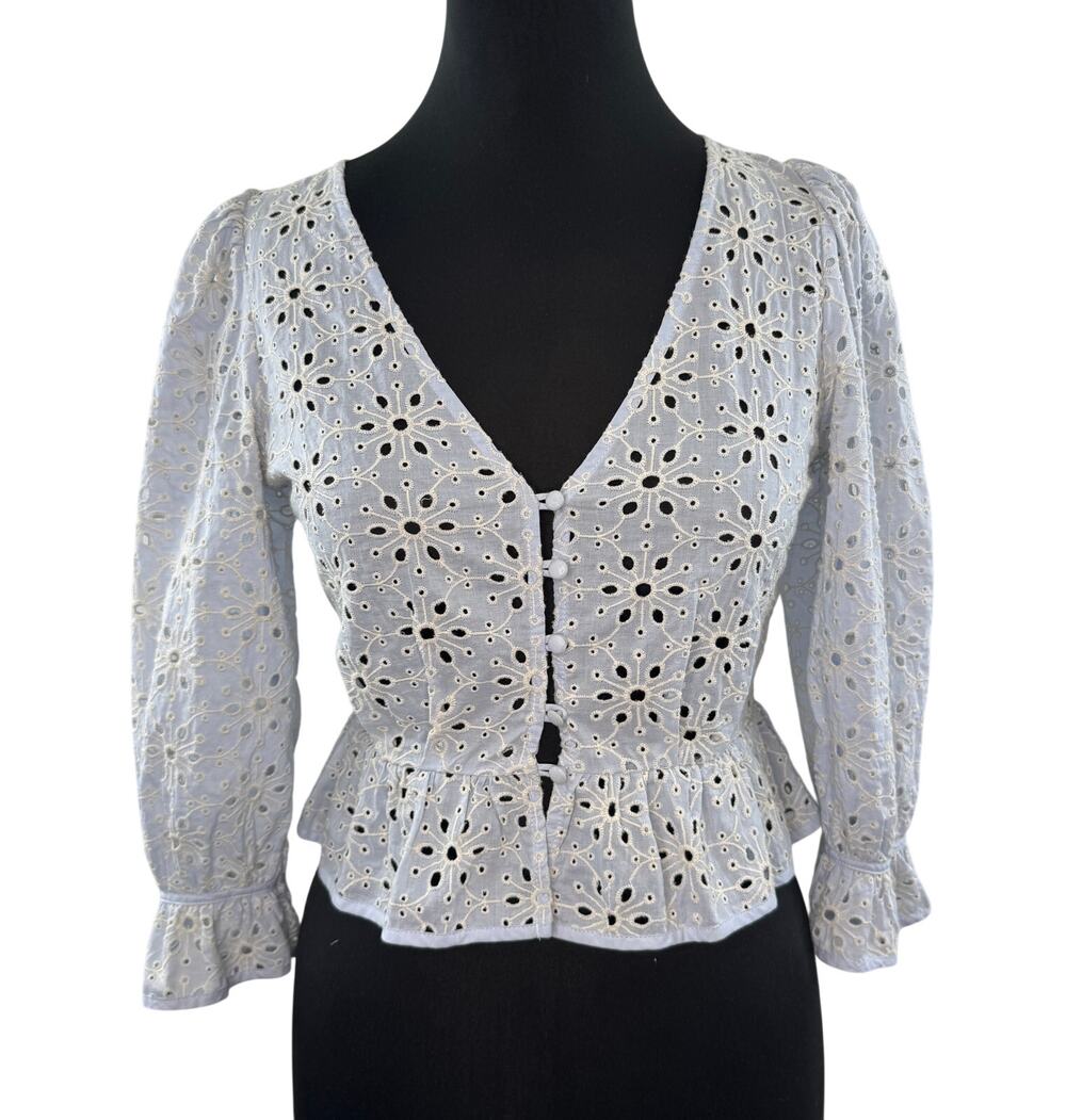 DRESS FORUM Light Blue Crop Top Eyelet Peplum CottageCore Button-Up Size Small S
